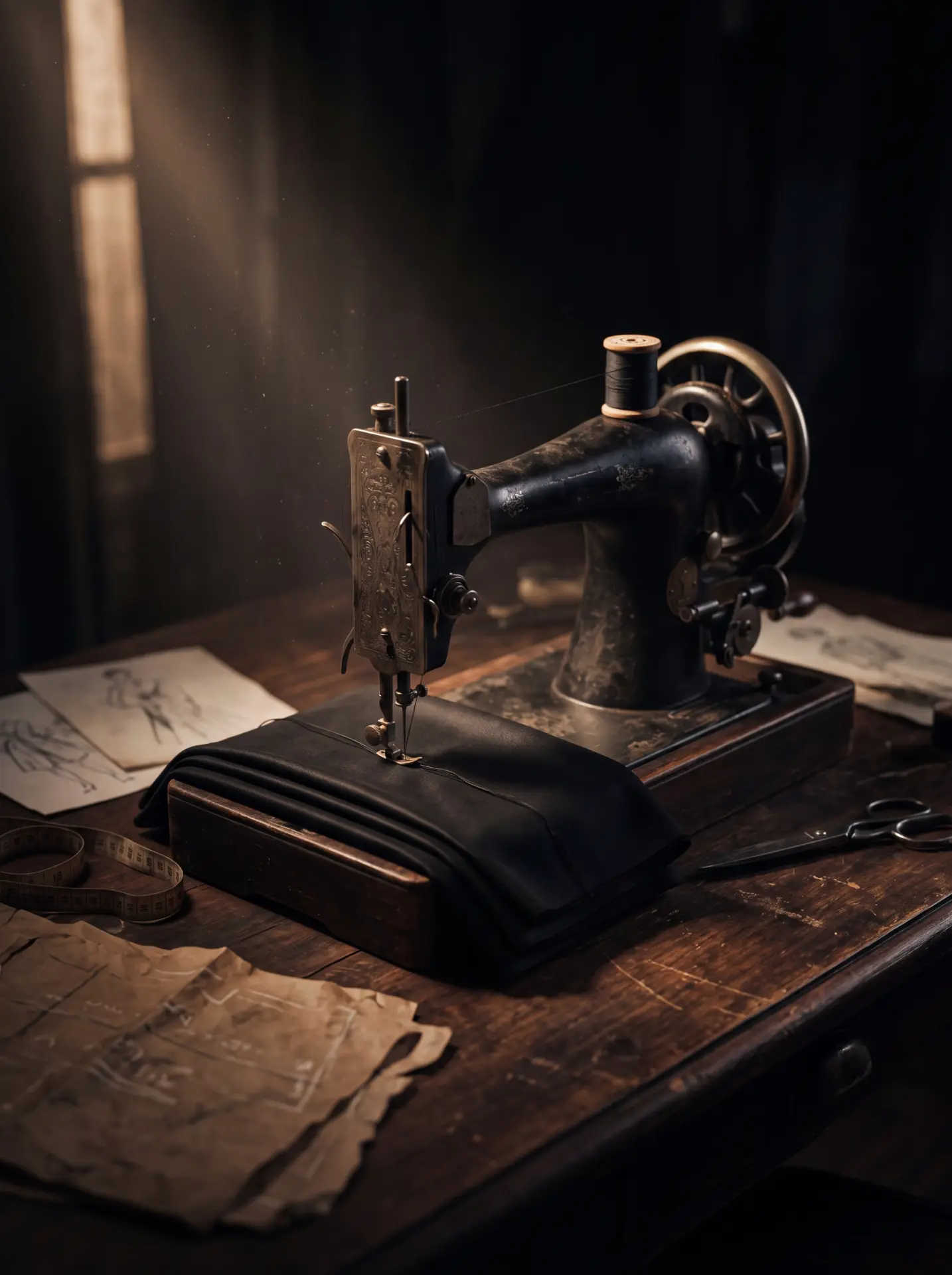 An antique sewing machine on a worn atelier table, lit by a warm beam — a visual reference for the couture traditions that inspire ORLÈVANE.