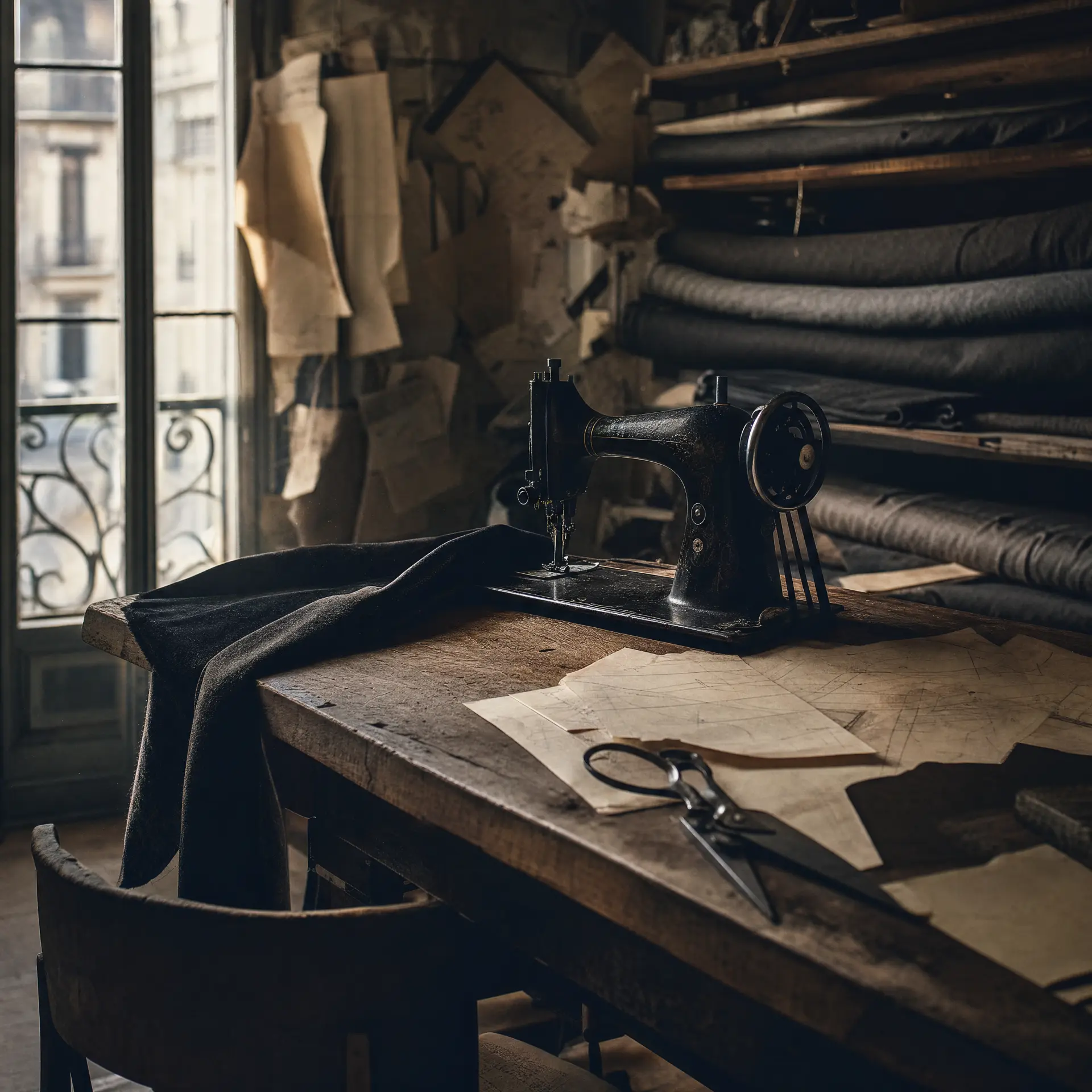A vintage tailor's atelier: an antique black sewing machine on a worn wooden workbench, tailoring shears and paper patterns beside it, rolls of dark fabric on the shelves and soft window light falling across the room.