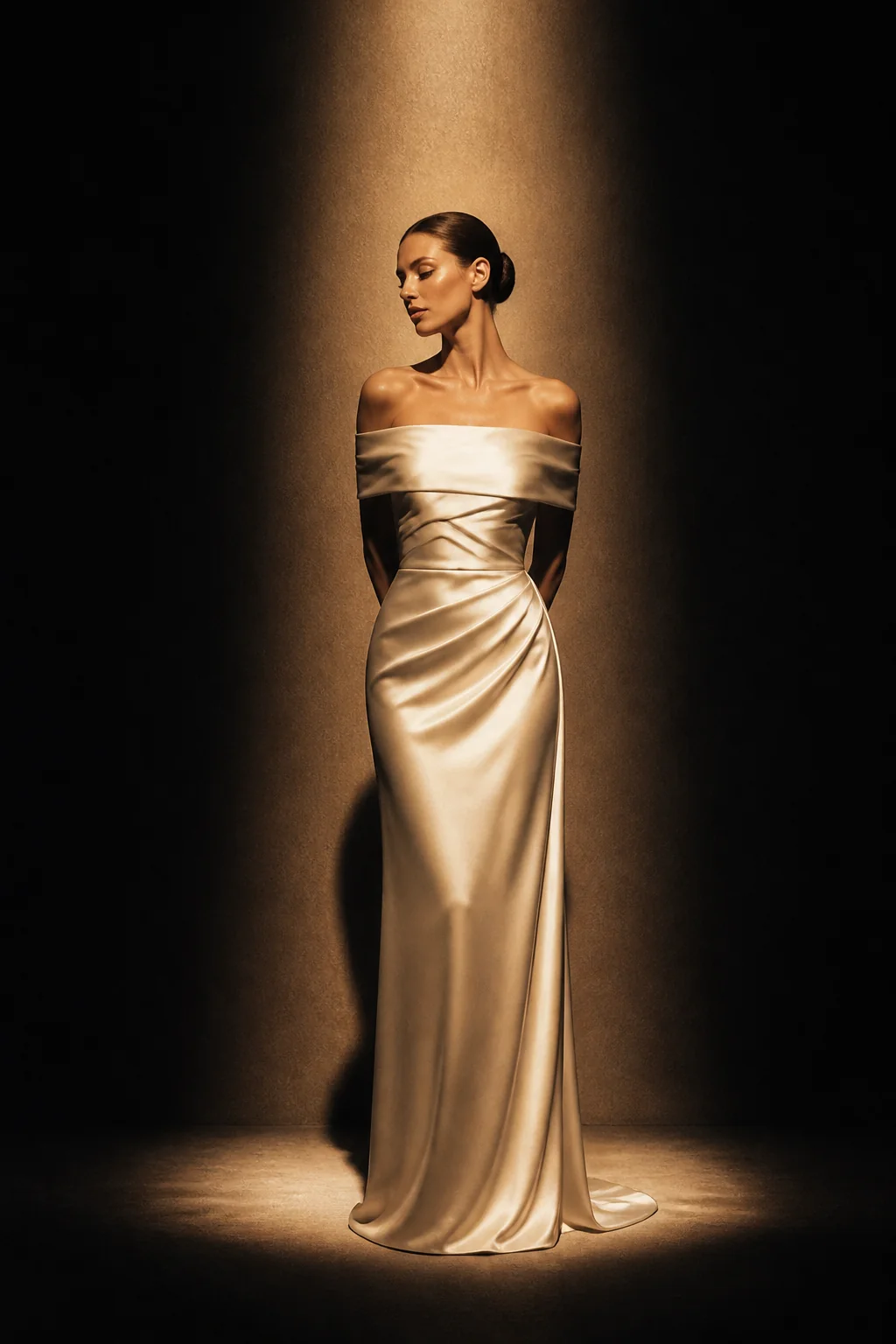 Campaign still. A model in a champagne satin column gown, standing in a single pool of theatre light.