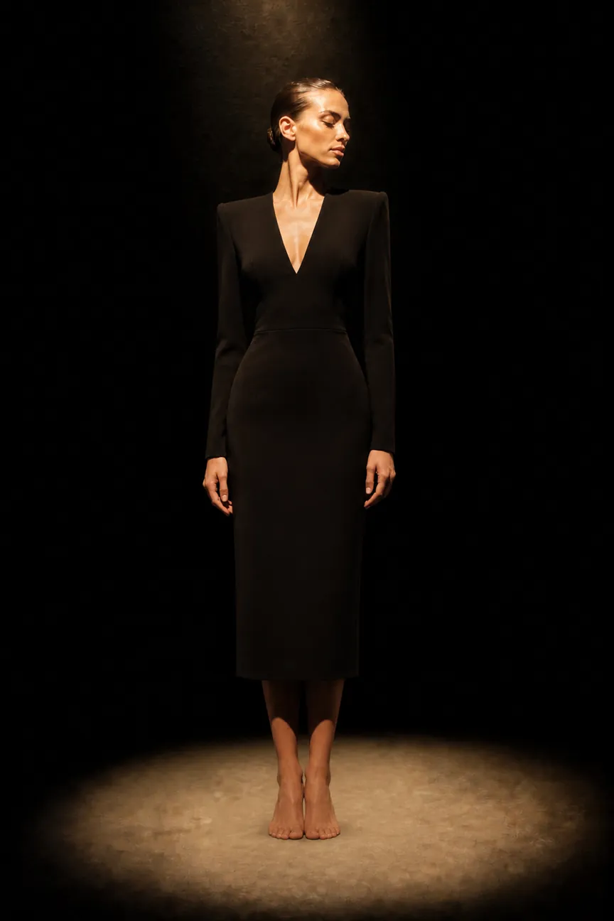 Synthetic campaign still. La Céleste, a royal blue evening column, as an editorial plate.