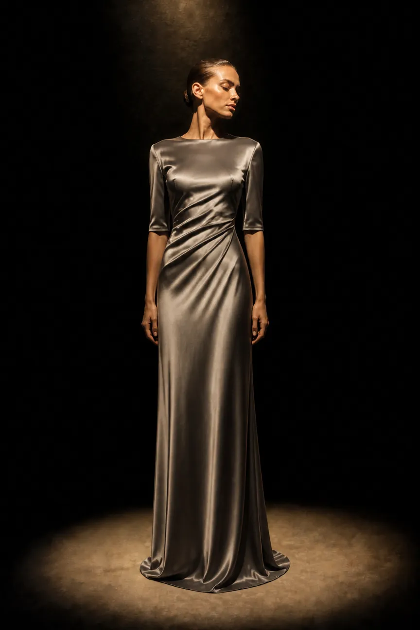 Synthetic campaign still. La Camille, a midnight-navy evening gown with a sculptural shoulder bloom, as a craft plate.